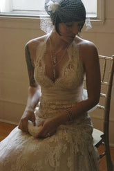 Elegant Deep V Neck  Ivory Lace Wedding Gowns Cheap Bridal Dresses DMP92